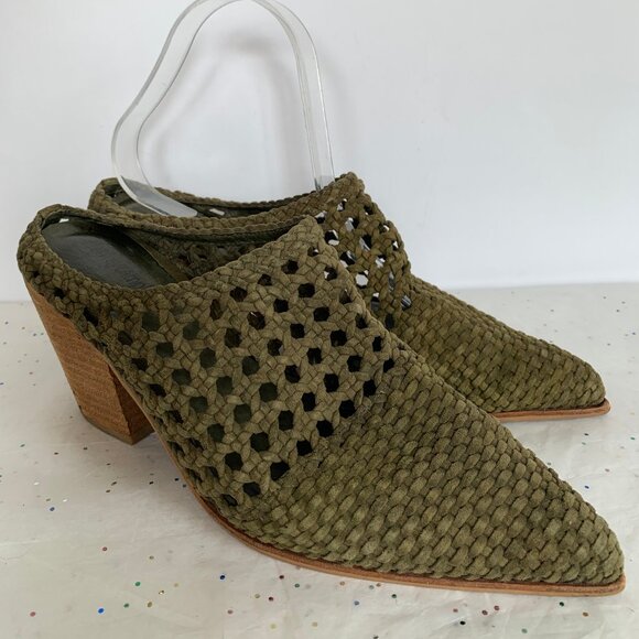 Jeffrey Campbell Leone Green Woven Pointed toe Block Heel Mules 8 Anthropologie